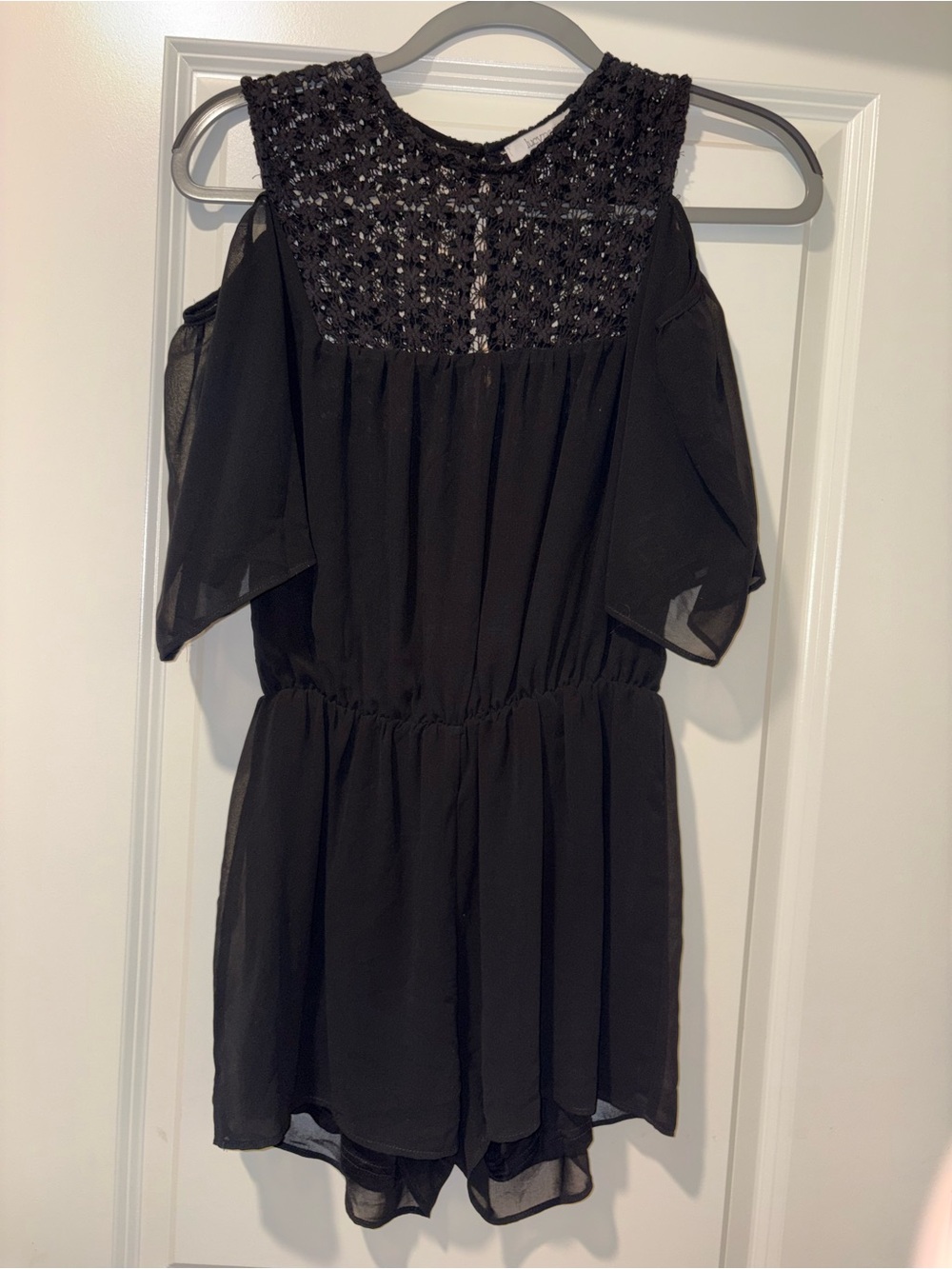 LUCY PARIS Black Romper Crochet Sheer Off-Shoulder Size S